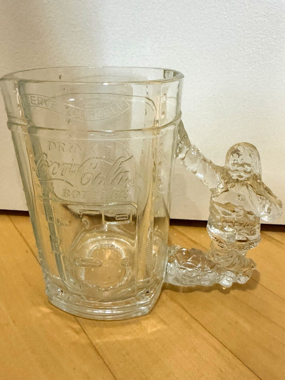 90s Coca-Cola Clear Glass Tumbler w/ Attached Santa Figurine Handle, Soda Theme